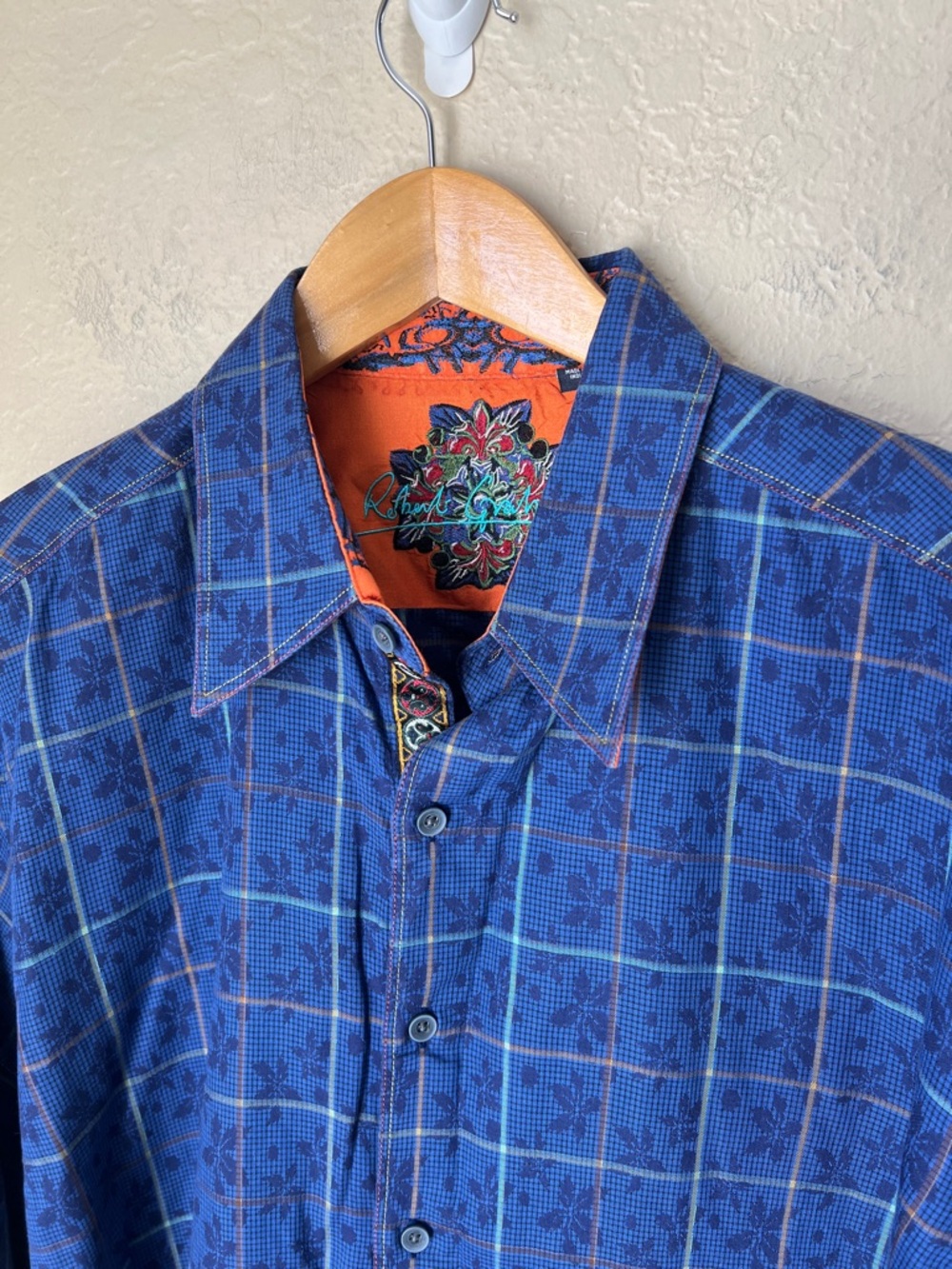 Robert Graham blue floral windowpane button down shirt XL - Picture 3 of 8
